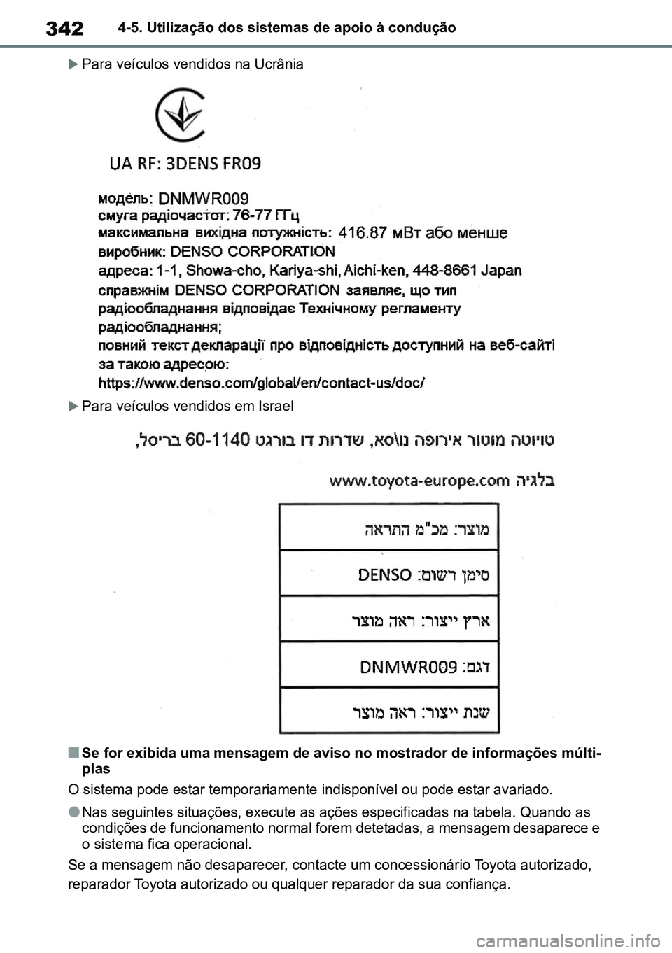 TOYOTA RAV4 2019 Manual de utilização (in Portuguese) 3424-5. Utilização dos sistemas de apoio à condução
Para veículos vendidos na Ucrânia
Para veículos vendidos em Israel
nSe for exibida uma mensagem de aviso no mostrador de informaçõ TOYOTA RAV4 2019 Manual de utilização (in Portuguese) 3424-5. Utilização dos sistemas de apoio à condução
Para veículos vendidos na Ucrânia
Para veículos vendidos em Israel
nSe for exibida uma mensagem de aviso no mostrador de informaçõ