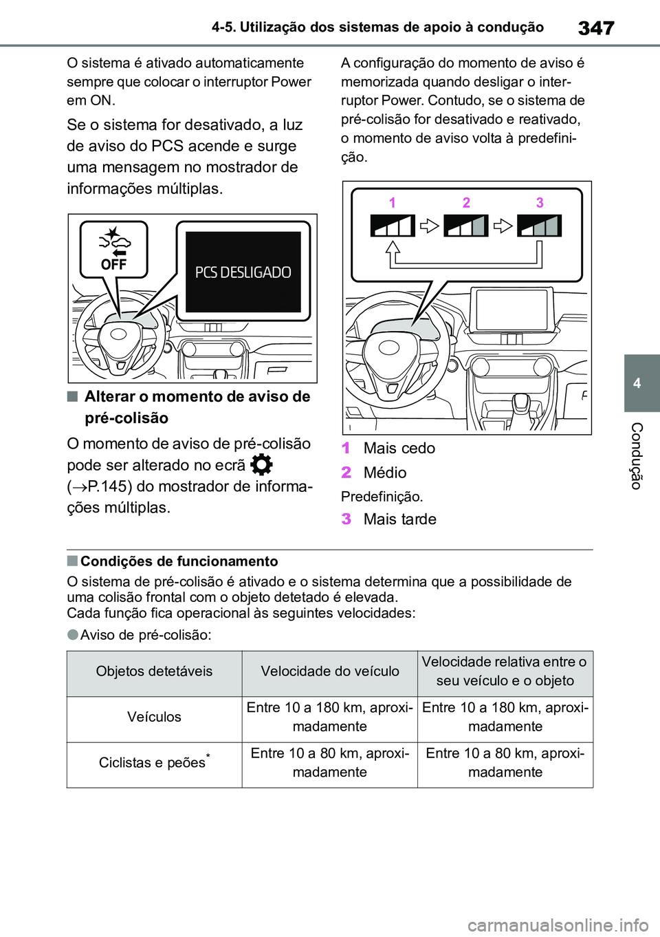TOYOTA RAV4 2019 Manual de utilização (in Portuguese) 347
4
4-5. Utilização dos sistemas de apoio à condução
Condução
O sistema é ativado automaticamente
sempre que colocar o interruptor Power
em ON.
Se o sistema for desativado, a luz
de avi TOYOTA RAV4 2019 Manual de utilização (in Portuguese) 347
4
4-5. Utilização dos sistemas de apoio à condução
Condução
O sistema é ativado automaticamente
sempre que colocar o interruptor Power
em ON.
Se o sistema for desativado, a luz
de avi