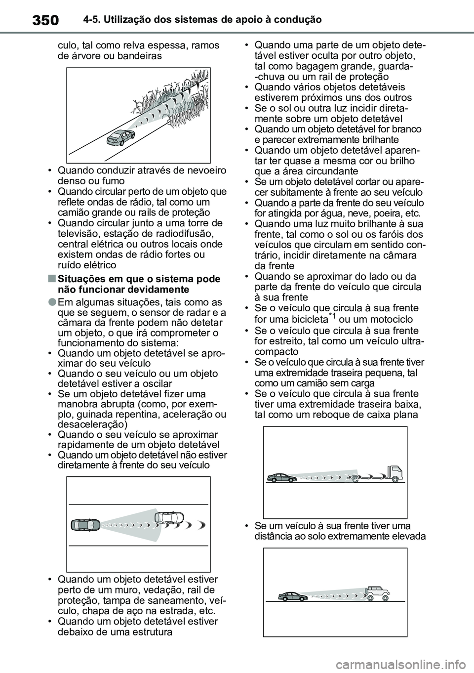 TOYOTA RAV4 2019 Manual de utilização (in Portuguese) 3504-5. Utilização dos sistemas de apoio à condução
culo, tal como relva espessa, ramos de árvore ou bandeiras
• Quando conduzir através de nevoeiro denso ou fumo• Quando circular perto de TOYOTA RAV4 2019 Manual de utilização (in Portuguese) 3504-5. Utilização dos sistemas de apoio à condução
culo, tal como relva espessa, ramos de árvore ou bandeiras
• Quando conduzir através de nevoeiro denso ou fumo• Quando circular perto de