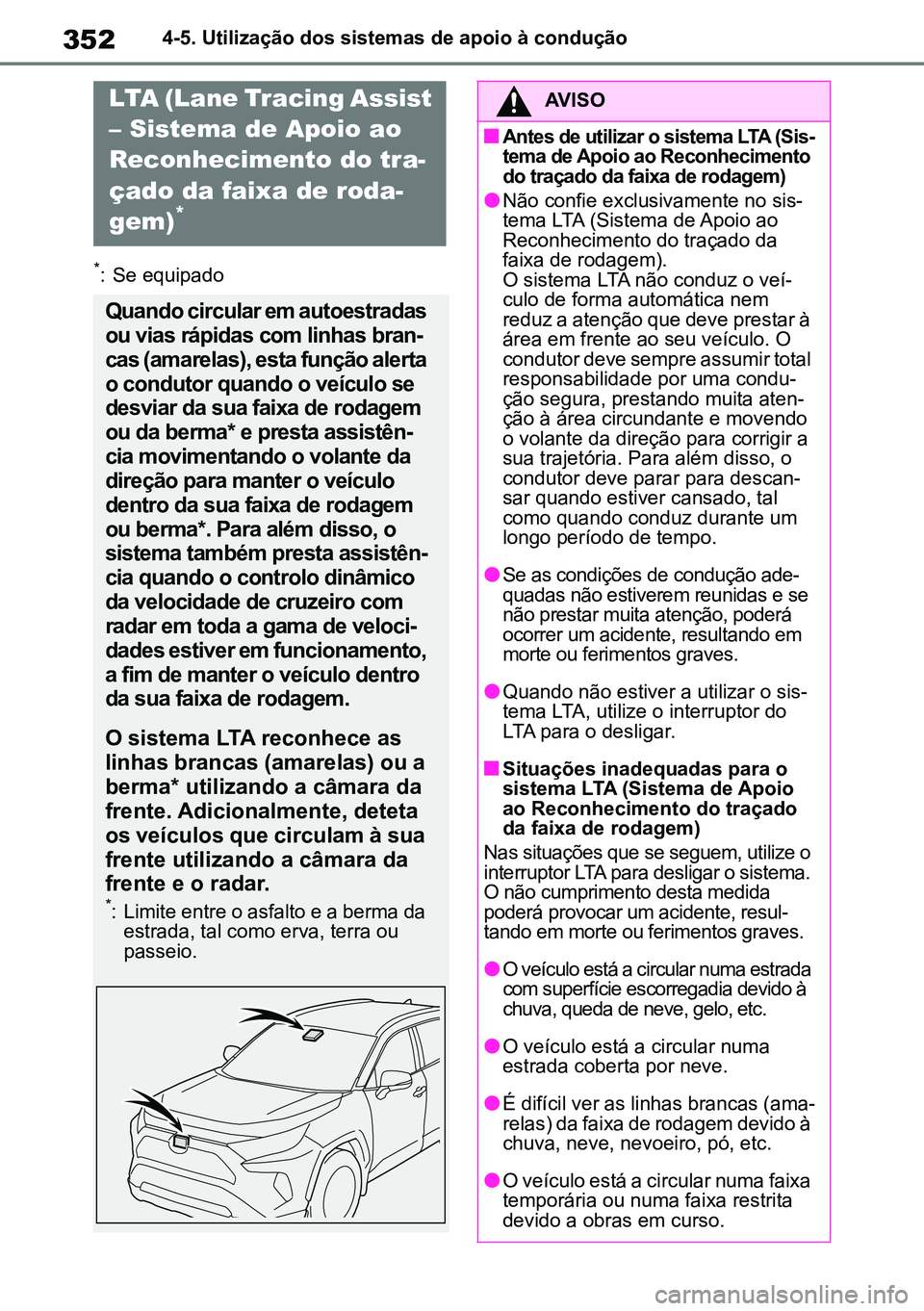 TOYOTA RAV4 2019 Manual de utilização (in Portuguese) 3524-5. Utilização dos sistemas de apoio à condução
*: Se equipado
LTA (Lane Tracing Assist
– Sistema de Apoio ao
Reconhecimento do tra-
çado da faixa de roda -
gem)
*
Quando circular em aut TOYOTA RAV4 2019 Manual de utilização (in Portuguese) 3524-5. Utilização dos sistemas de apoio à condução
*: Se equipado
LTA (Lane Tracing Assist
– Sistema de Apoio ao
Reconhecimento do tra-
çado da faixa de roda -
gem)
*
Quando circular em aut