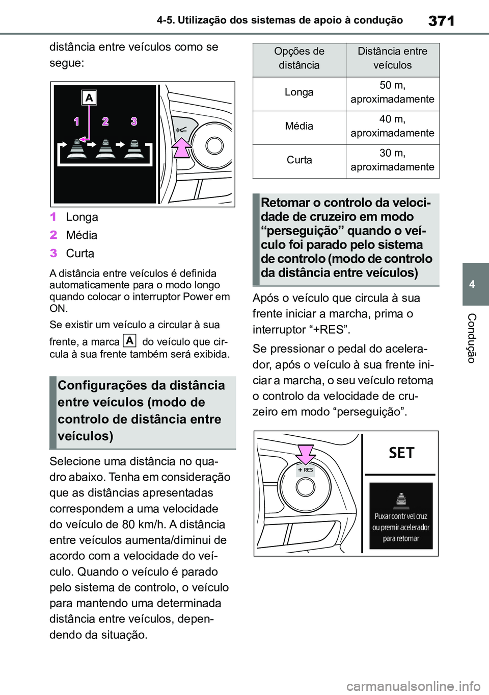 TOYOTA RAV4 2019 Manual de utilização (in Portuguese) 371
4
4-5. Utilização dos sistemas de apoio à condução
Condução
distância entre veículos como se
segue:
1Longa
2Média
3Curta
A distância entre veículos é definida automaticamente para TOYOTA RAV4 2019 Manual de utilização (in Portuguese) 371
4
4-5. Utilização dos sistemas de apoio à condução
Condução
distância entre veículos como se
segue:
1Longa
2Média
3Curta
A distância entre veículos é definida automaticamente para