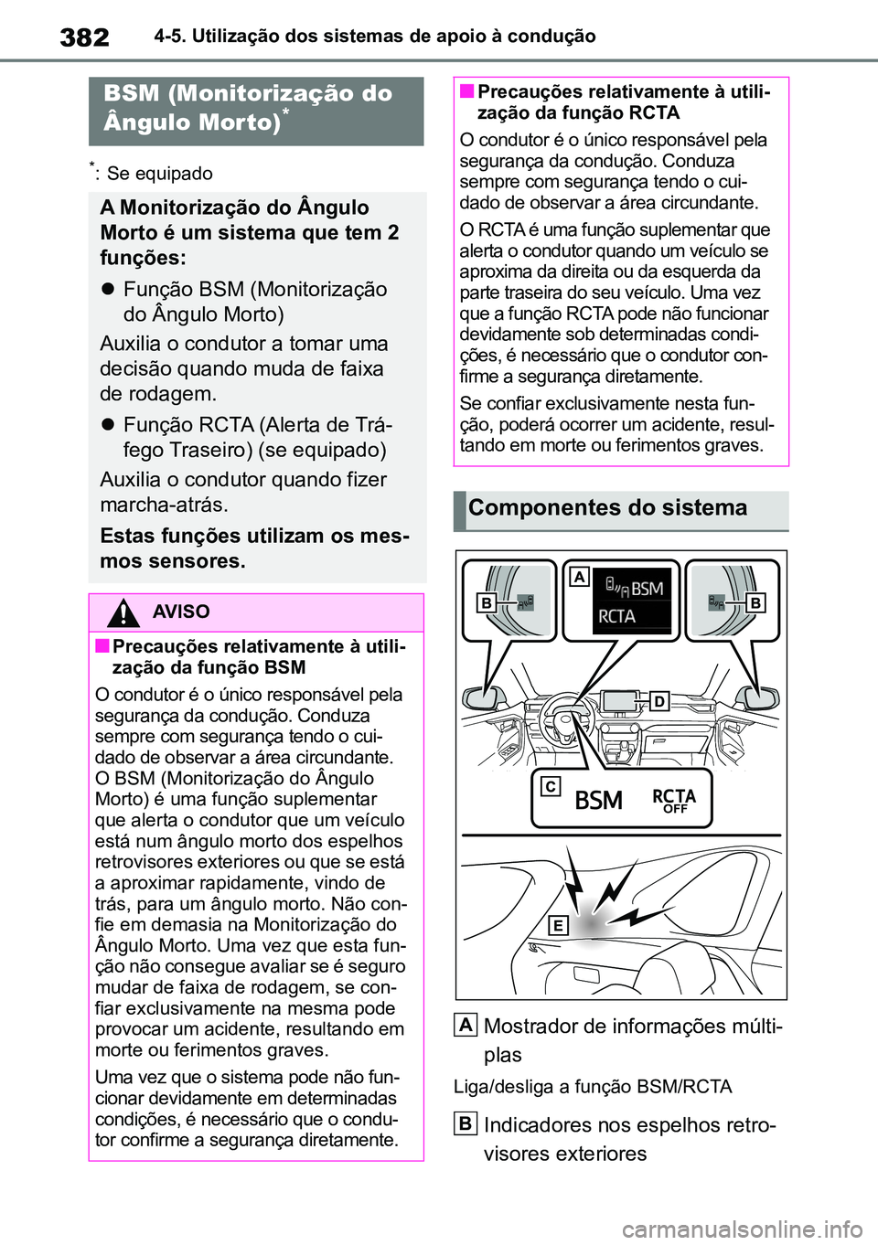 TOYOTA RAV4 2019 Manual de utilização (in Portuguese) 3824-5. Utilização dos sistemas de apoio à condução
*: Se equipado
Mostrador de informações múlti-
plas
Liga/desliga a função BSM/RCTA
Indicadores nos espelhos retro-
visores exteriores
BSM TOYOTA RAV4 2019 Manual de utilização (in Portuguese) 3824-5. Utilização dos sistemas de apoio à condução
*: Se equipado
Mostrador de informações múlti-
plas
Liga/desliga a função BSM/RCTA
Indicadores nos espelhos retro-
visores exteriores
BSM