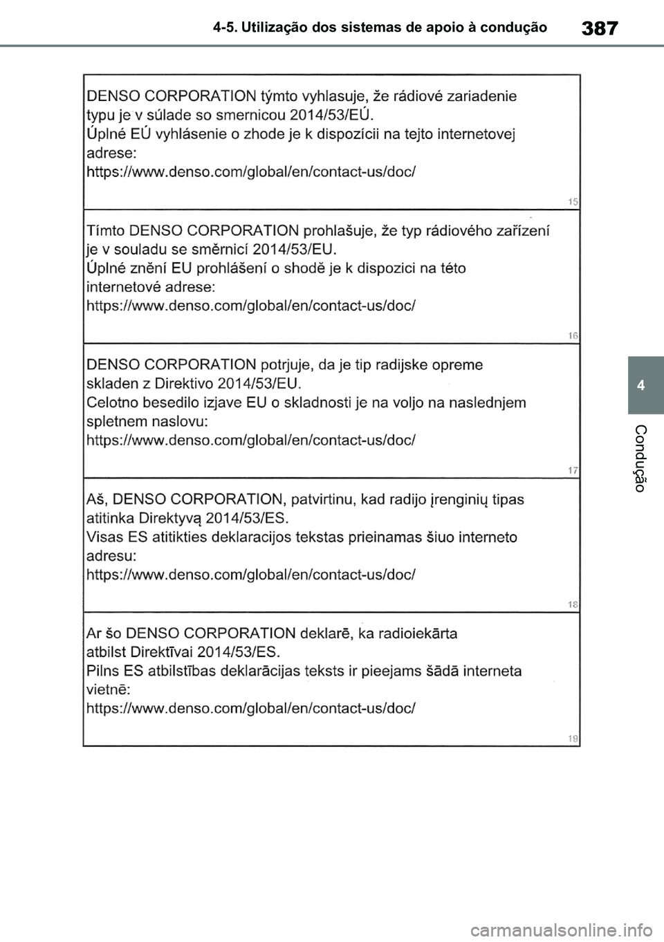 TOYOTA RAV4 2019 Manual de utilização (in Portuguese) 387
4
4-5. Utilização dos sistemas de apoio à condução
Condução
M42C86toeuenvhch04.fm Page 387 Monday, February 3, 2020 11:45 PM
RAV4HV_OM_OM42C86E-1 maiadouro 04022020.pdf 38704/02/20 0 TOYOTA RAV4 2019 Manual de utilização (in Portuguese) 387
4
4-5. Utilização dos sistemas de apoio à condução
Condução
M42C86toeuenvhch04.fm Page 387 Monday, February 3, 2020 11:45 PM
RAV4HV_OM_OM42C86E-1 maiadouro 04022020.pdf 38704/02/20 0