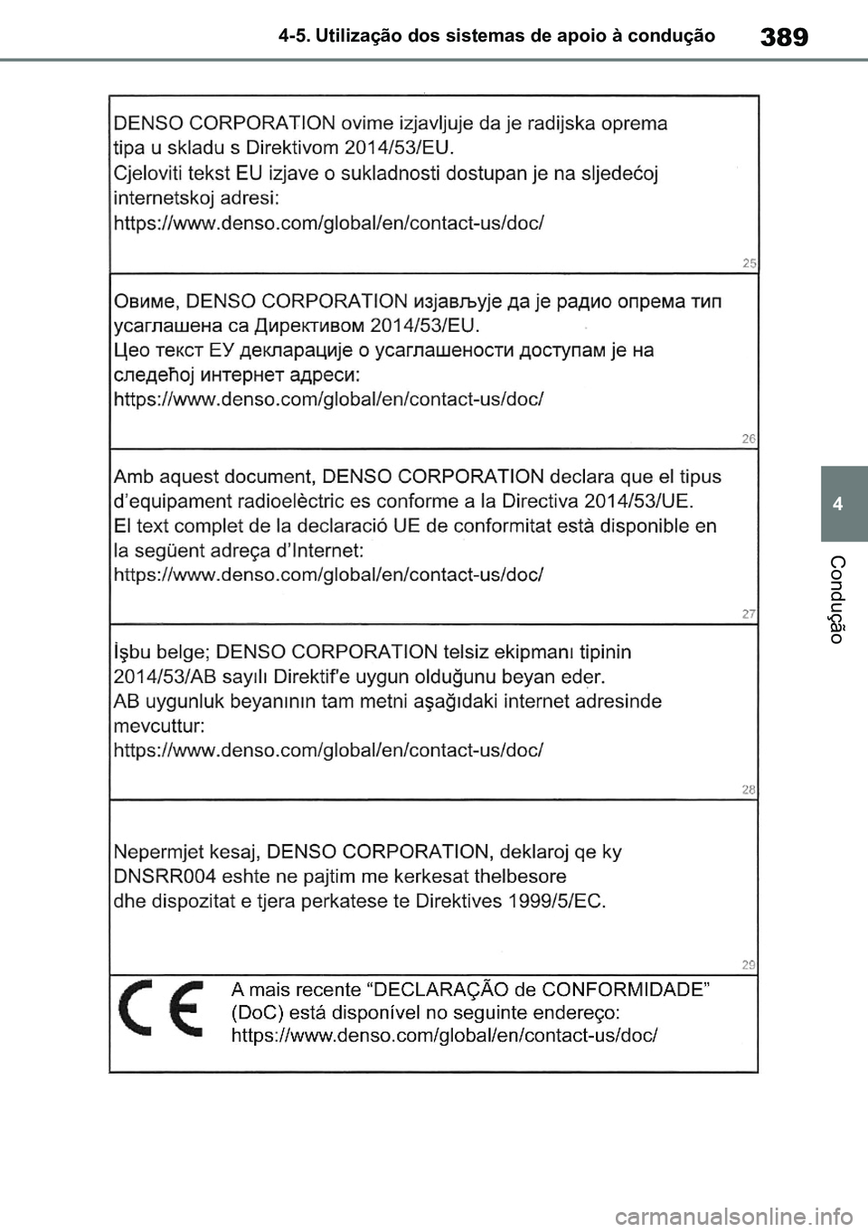TOYOTA RAV4 2019 Manual de utilização (in Portuguese) 389
4
4-5. Utilização dos sistemas de apoio à condução
Condução
M42C86toeuenvhch04.fm Page 389 Monday, February 3, 2020 11:45 PM
RAV4HV_OM_OM42C86E-1 maiadouro 04022020.pdf 38904/02/20 0 TOYOTA RAV4 2019 Manual de utilização (in Portuguese) 389
4
4-5. Utilização dos sistemas de apoio à condução
Condução
M42C86toeuenvhch04.fm Page 389 Monday, February 3, 2020 11:45 PM
RAV4HV_OM_OM42C86E-1 maiadouro 04022020.pdf 38904/02/20 0