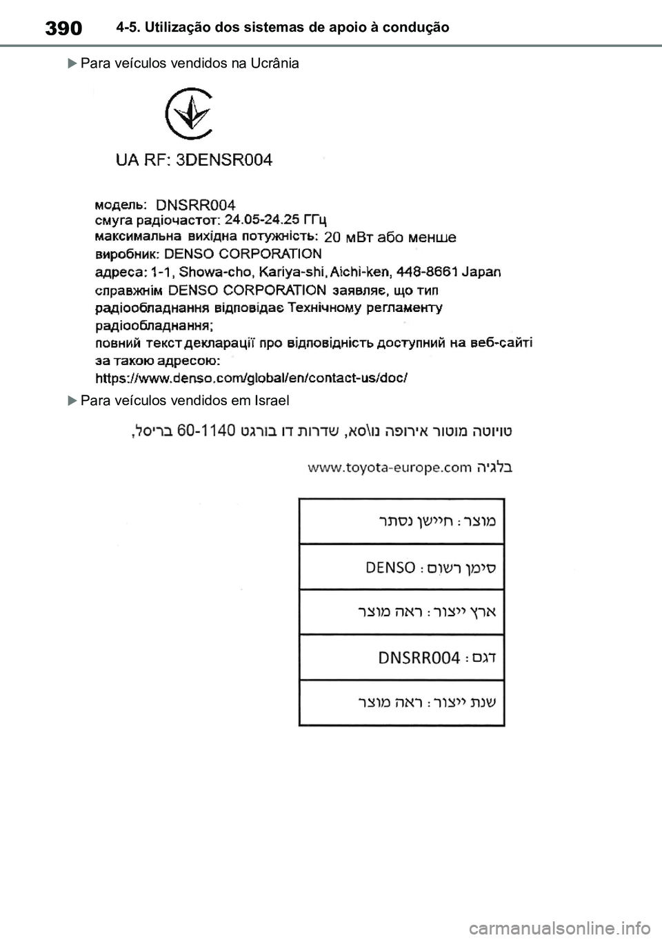 TOYOTA RAV4 2019 Manual de utilização (in Portuguese) 3904-5. Utilização dos sistemas de apoio à condução
Para veículos vendidos na Ucrânia
Para veículos vendidos em Israel
M42C86toeuenvhch04.fm Page 390 Monday, February 3, 2020 11:45 TOYOTA RAV4 2019 Manual de utilização (in Portuguese) 3904-5. Utilização dos sistemas de apoio à condução
Para veículos vendidos na Ucrânia
Para veículos vendidos em Israel
M42C86toeuenvhch04.fm Page 390 Monday, February 3, 2020 11:45