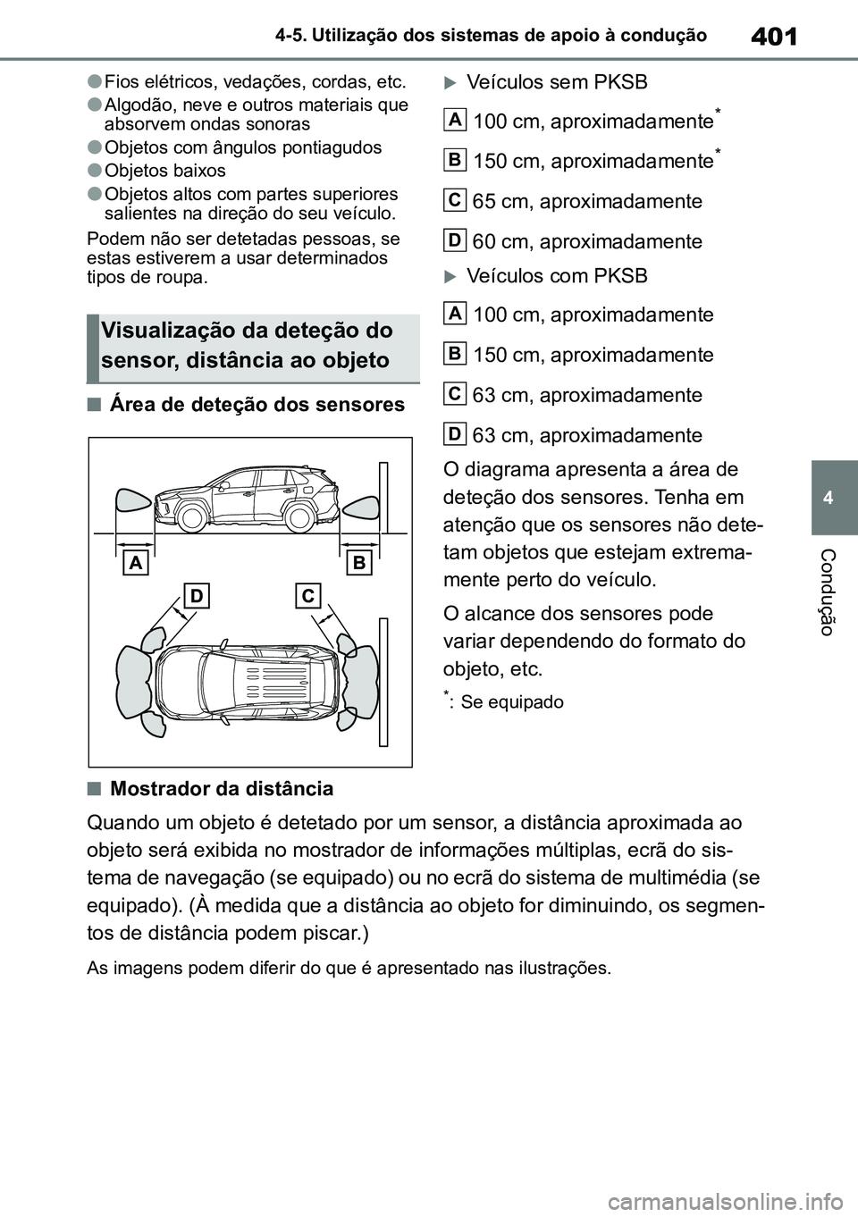 TOYOTA RAV4 2019 Manual de utilização (in Portuguese) 401
4
4-5. Utilização dos sistemas de apoio à condução
Condução
lFios elétricos, vedações, cordas, etc.
lAlgodão, neve e outros materiais que
absorvem ondas sonoras
lObjetos com ângulos p TOYOTA RAV4 2019 Manual de utilização (in Portuguese) 401
4
4-5. Utilização dos sistemas de apoio à condução
Condução
lFios elétricos, vedações, cordas, etc.
lAlgodão, neve e outros materiais que
absorvem ondas sonoras
lObjetos com ângulos p