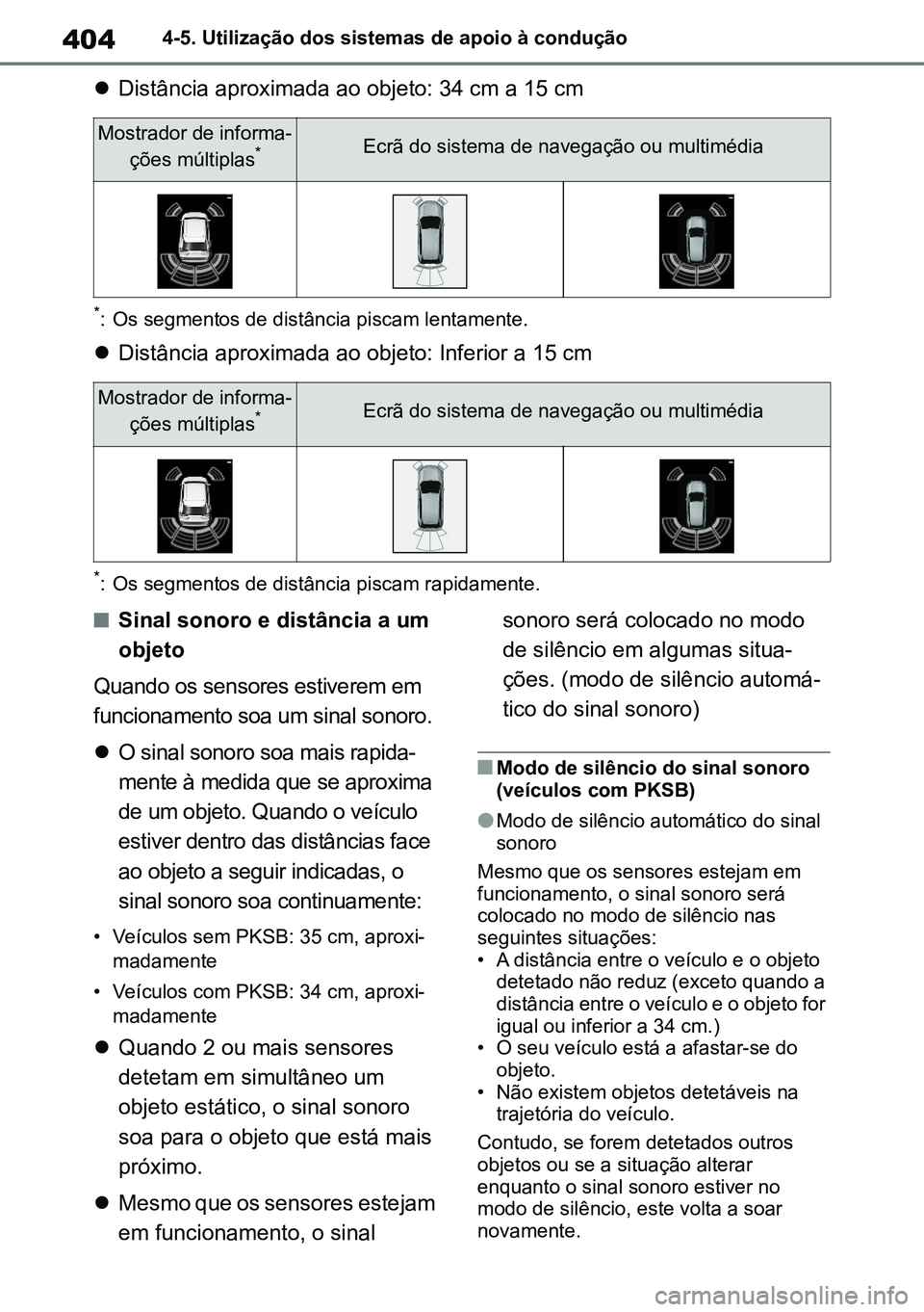 TOYOTA RAV4 2019 Manual de utilização (in Portuguese) 4044-5. Utilização dos sistemas de apoio à condução
Distância aproximada ao objeto: 34 cm a 15 cm
*: Os segmentos de distância piscam lentamente.
Distância aproximada ao objeto: Inferior TOYOTA RAV4 2019 Manual de utilização (in Portuguese) 4044-5. Utilização dos sistemas de apoio à condução
Distância aproximada ao objeto: 34 cm a 15 cm
*: Os segmentos de distância piscam lentamente.
Distância aproximada ao objeto: Inferior