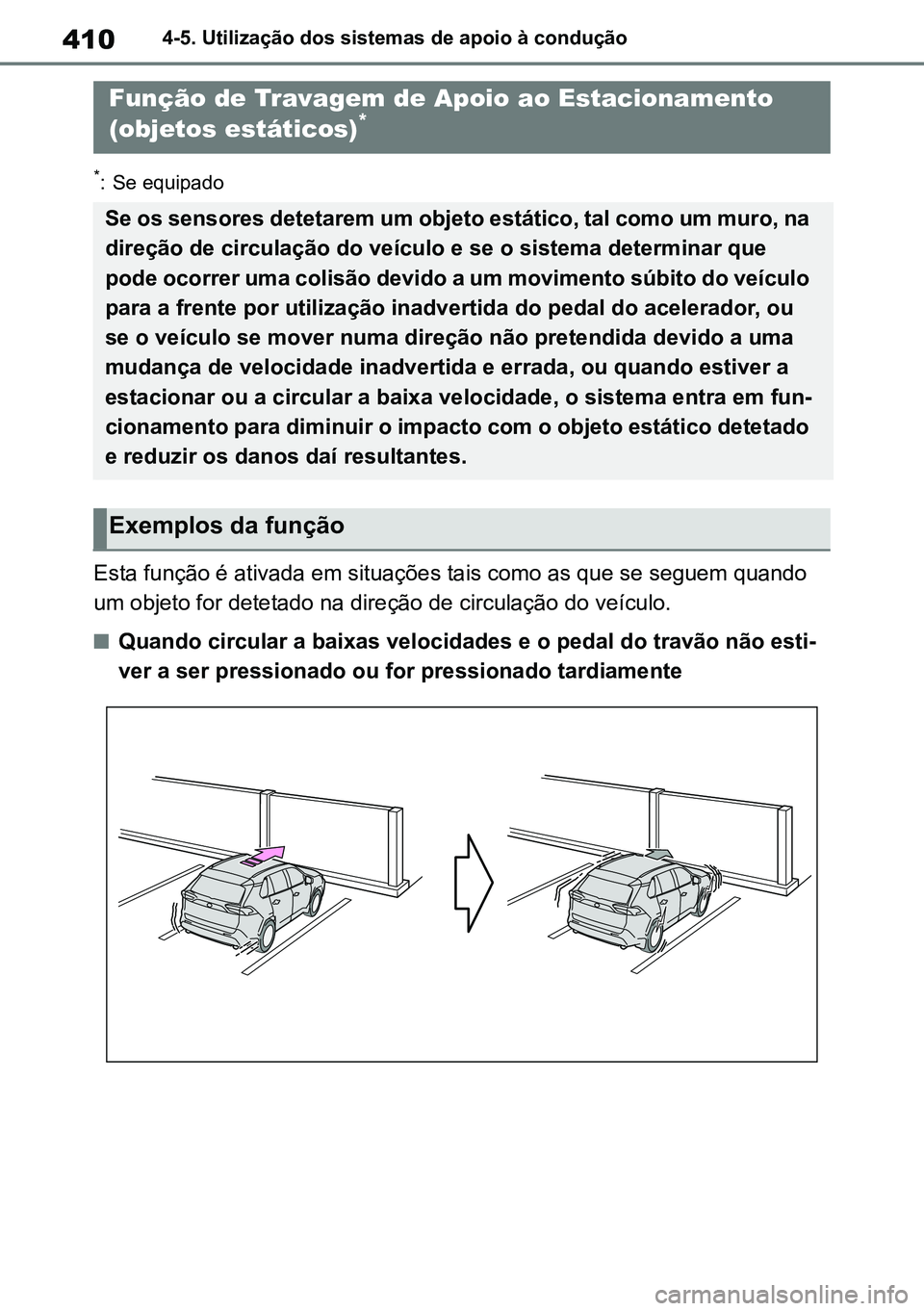 TOYOTA RAV4 2019 Manual de utilização (in Portuguese) 4104-5. Utilização dos sistemas de apoio à condução
*: Se equipado
Esta função é ativada em situações tais como as que se seguem quando
um objeto for detetado na direção de circulação d TOYOTA RAV4 2019 Manual de utilização (in Portuguese) 4104-5. Utilização dos sistemas de apoio à condução
*: Se equipado
Esta função é ativada em situações tais como as que se seguem quando
um objeto for detetado na direção de circulação d