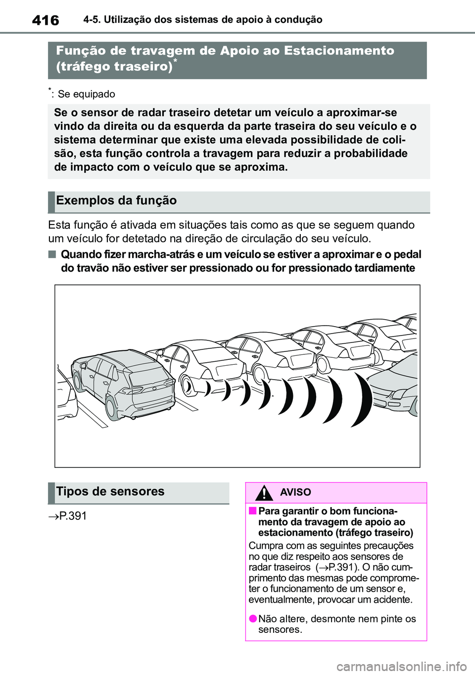TOYOTA RAV4 2019 Manual de utilização (in Portuguese) 4164-5. Utilização dos sistemas de apoio à condução
*: Se equipado
Esta função é ativada em situações tais como as que se seguem quando
um veículo for detetado na direção de circulação TOYOTA RAV4 2019 Manual de utilização (in Portuguese) 4164-5. Utilização dos sistemas de apoio à condução
*: Se equipado
Esta função é ativada em situações tais como as que se seguem quando
um veículo for detetado na direção de circulação
