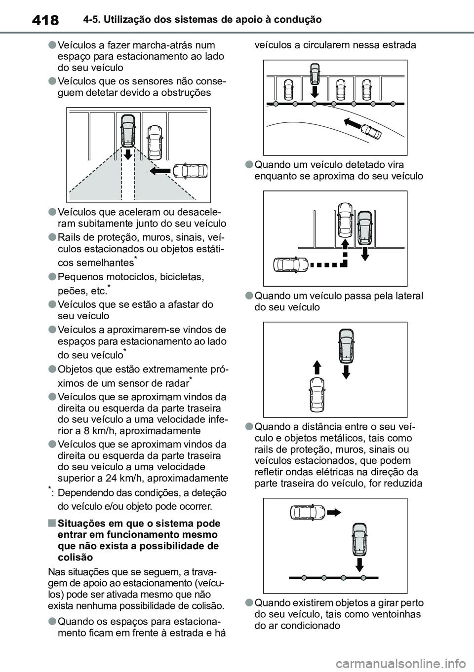 TOYOTA RAV4 2019 Manual de utilização (in Portuguese) 4184-5. Utilização dos sistemas de apoio à condução
lVeículos a fazer marcha-atrás num
espaço para estacionamento ao lado
do seu veículo
lVeículos que os sensores não conse-
guem detetar TOYOTA RAV4 2019 Manual de utilização (in Portuguese) 4184-5. Utilização dos sistemas de apoio à condução
lVeículos a fazer marcha-atrás num
espaço para estacionamento ao lado
do seu veículo
lVeículos que os sensores não conse-
guem detetar
