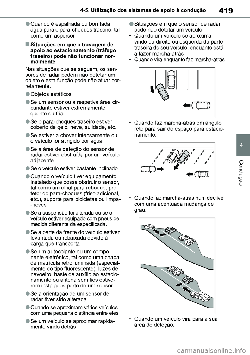 TOYOTA RAV4 2019  Manual de utilização (in Portuguese) 419
4
4-5. Utilização dos sistemas de apoio à condução
Condução
lQuando é espalhada ou borrifada 
água para o para-choques traseiro, tal 
como um aspersor
nSituações em que a travagem de 
a