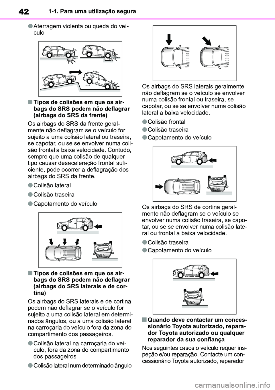TOYOTA RAV4 2019 Manual de utilização (in Portuguese) 421-1. Para uma utilização segura
lAterragem violenta ou queda do veí-
culo
nTipos de colisões em que os air -
bags do SRS podem não deflagrar
(airbags do SRS da frente)
Os airbags do SRS da fre TOYOTA RAV4 2019 Manual de utilização (in Portuguese) 421-1. Para uma utilização segura
lAterragem violenta ou queda do veí-
culo
nTipos de colisões em que os air -
bags do SRS podem não deflagrar
(airbags do SRS da frente)
Os airbags do SRS da fre