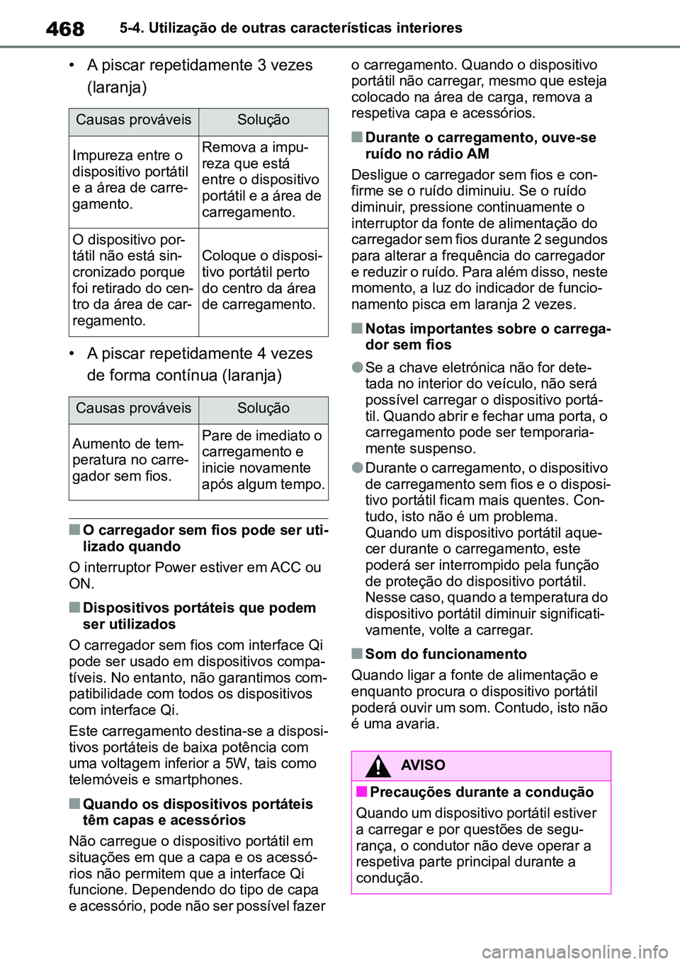 TOYOTA RAV4 2019  Manual de utilização (in Portuguese) 4685-4. Utilização de outras características interiores
• A piscar repetidamente 3 vezes (laranja)
• A piscar repetidamente 4 vezes  de forma contínua (laranja)
nO carregador sem fios pode ser