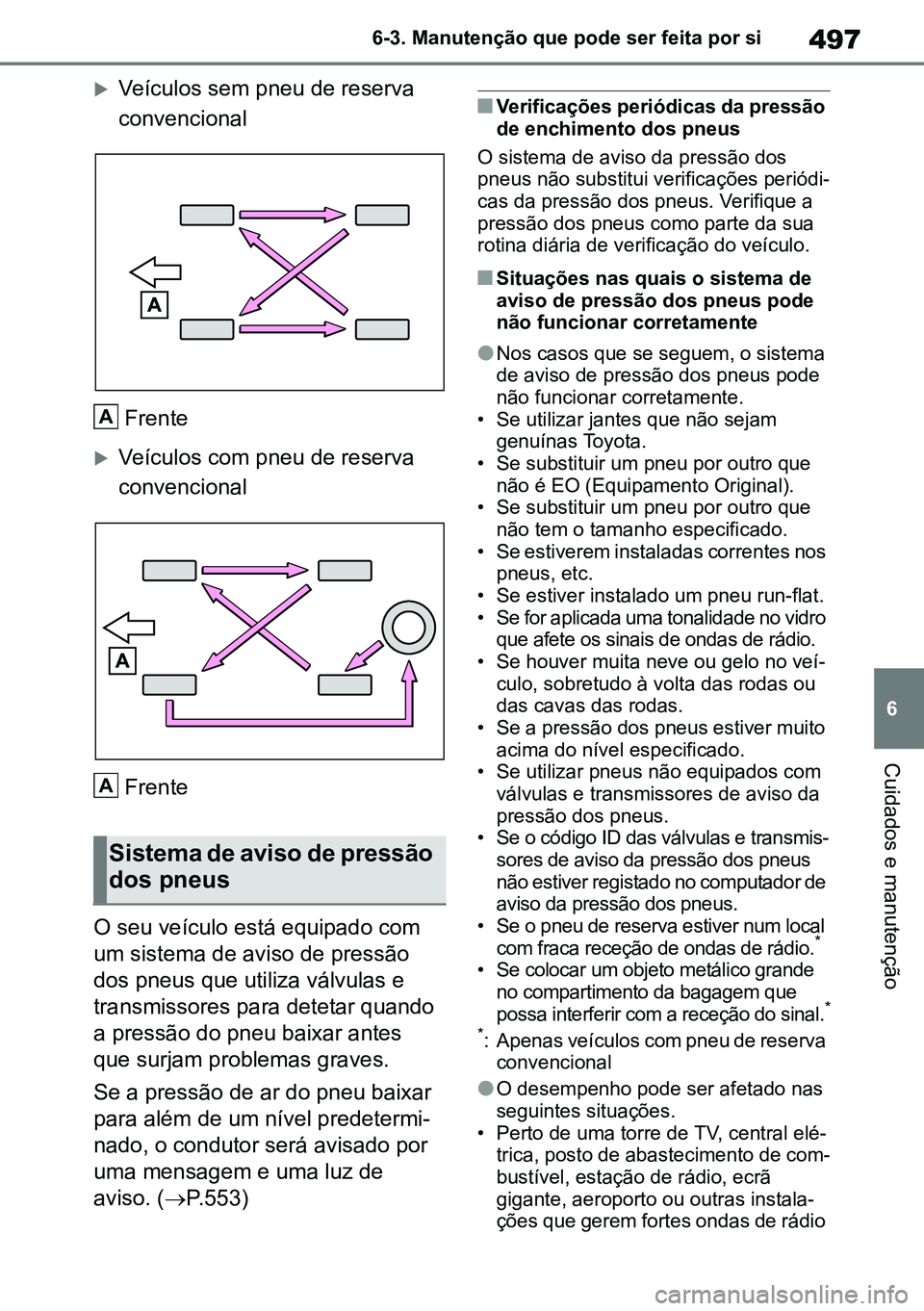 TOYOTA RAV4 2019 Manual de utilização (in Portuguese) 497
6
6-3. Manutenção que pode ser feita por si
Cuidados e manutenção
Veículos sem pneu de reserva
convencional
Frente
Veículos com pneu de reserva
convencionalFrente
O seu veículo est TOYOTA RAV4 2019 Manual de utilização (in Portuguese) 497
6
6-3. Manutenção que pode ser feita por si
Cuidados e manutenção
Veículos sem pneu de reserva
convencional
Frente
Veículos com pneu de reserva
convencionalFrente
O seu veículo est
