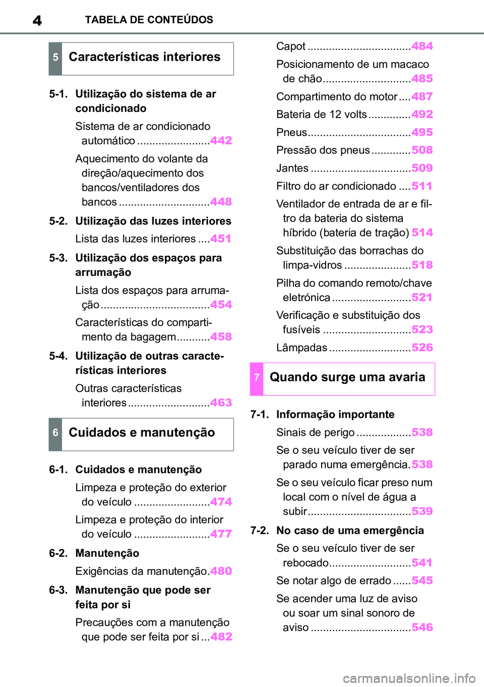TOYOTA RAV4 2019 Manual de utilização (in Portuguese) 4TABELA DE CONTEÚDOS
5-1. Utilização do sistema de ar condicionado
Sistema de ar condicionado automático ........................ 442
Aquecimento do volante da direção/aquecimento dos
bancos/v TOYOTA RAV4 2019 Manual de utilização (in Portuguese) 4TABELA DE CONTEÚDOS
5-1. Utilização do sistema de ar condicionado
Sistema de ar condicionado automático ........................ 442
Aquecimento do volante da direção/aquecimento dos
bancos/v