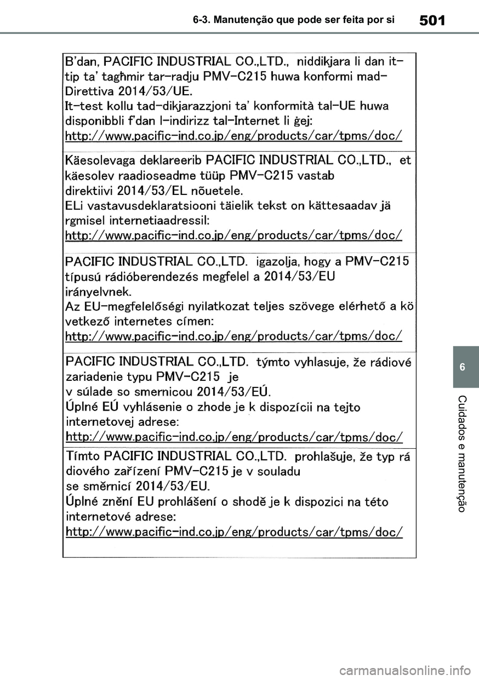 TOYOTA RAV4 2019 Manual de utilização (in Portuguese) 501
6
6-3. Manutenção que pode ser feita por si
Cuidados e manutenção
M42C86toeuenvhch06.fm Page 501 Monday, February 3, 2020 11:51 PM
RAV4HV_OM_OM42C86E-1 maiadouro 04022020.pdf 50104/02/20 TOYOTA RAV4 2019 Manual de utilização (in Portuguese) 501
6
6-3. Manutenção que pode ser feita por si
Cuidados e manutenção
M42C86toeuenvhch06.fm Page 501 Monday, February 3, 2020 11:51 PM
RAV4HV_OM_OM42C86E-1 maiadouro 04022020.pdf 50104/02/20