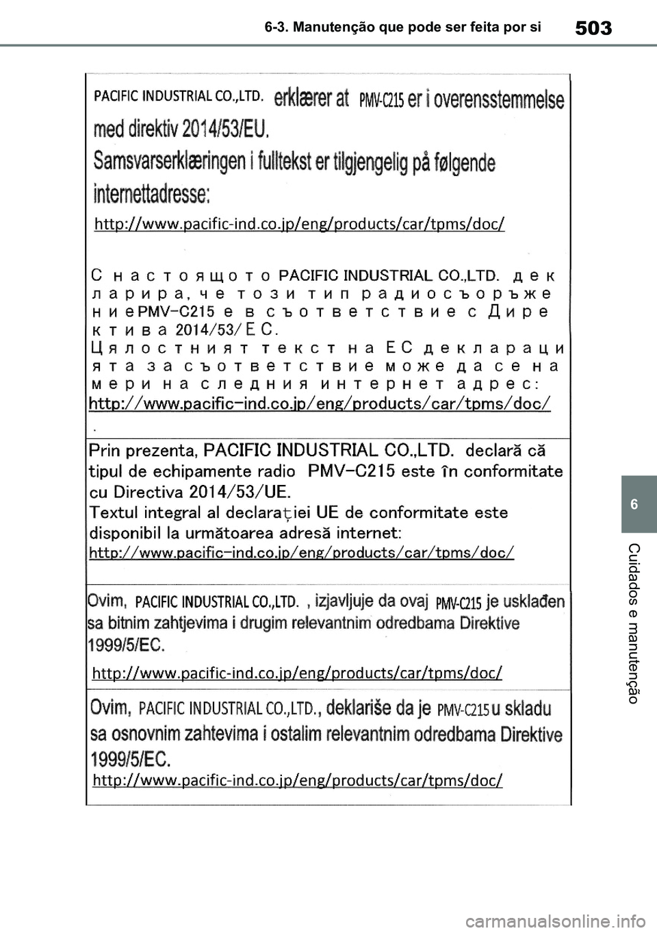 TOYOTA RAV4 2019 Manual de utilização (in Portuguese) 503
6
6-3. Manutenção que pode ser feita por si
Cuidados e manutenção
M42C86toeuenvhch06.fm Page 503 Monday, February 3, 2020 11:51 PM
RAV4HV_OM_OM42C86E-1 maiadouro 04022020.pdf 50304/02/20 TOYOTA RAV4 2019 Manual de utilização (in Portuguese) 503
6
6-3. Manutenção que pode ser feita por si
Cuidados e manutenção
M42C86toeuenvhch06.fm Page 503 Monday, February 3, 2020 11:51 PM
RAV4HV_OM_OM42C86E-1 maiadouro 04022020.pdf 50304/02/20