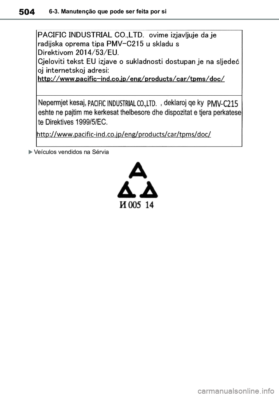 TOYOTA RAV4 2019 Manual de utilização (in Portuguese) 5046-3. Manutenção que pode ser feita por si
Veículos vendidos na Sérvia
M42C86toeuenvhch06.fm Page 504 Monday, February 3, 2020 11:51 PM
RAV4HV_OM_OM42C86E-1 maiadouro 04022020.pdf 50404/ TOYOTA RAV4 2019 Manual de utilização (in Portuguese) 5046-3. Manutenção que pode ser feita por si
Veículos vendidos na Sérvia
M42C86toeuenvhch06.fm Page 504 Monday, February 3, 2020 11:51 PM
RAV4HV_OM_OM42C86E-1 maiadouro 04022020.pdf 50404/