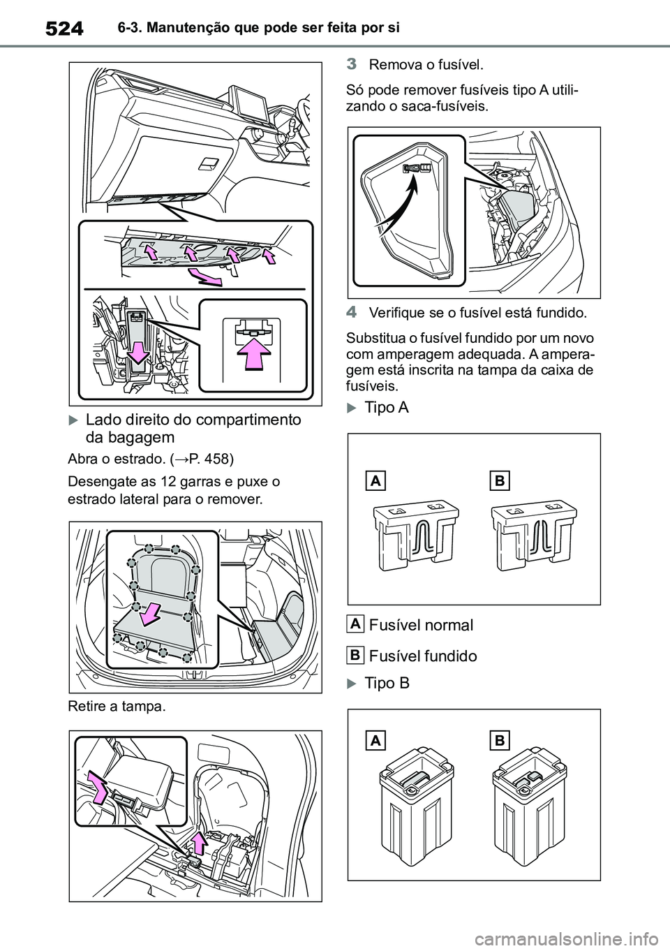 TOYOTA RAV4 2019  Manual de utilização (in Portuguese) 5246-3. Manutenção que pode ser feita por si
Lado direito do compartimento 
da bagagem
Abra o estrado. (→P. 458)
Desengate as 12 garras e puxe o 
estrado lateral para o remover.
Retire a tampa.