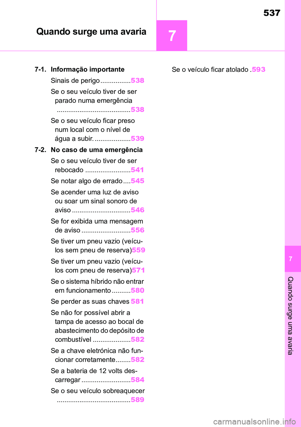 TOYOTA RAV4 2019 Manual de utilização (in Portuguese) 7
537
7
Quando surge uma avaria
Quando surge uma avaria
7-1. Informação importanteSinais de perigo ................ 538
Se o seu veículo tiver de ser parado numa emergência....................... TOYOTA RAV4 2019 Manual de utilização (in Portuguese) 7
537
7
Quando surge uma avaria
Quando surge uma avaria
7-1. Informação importanteSinais de perigo ................ 538
Se o seu veículo tiver de ser parado numa emergência.......................
