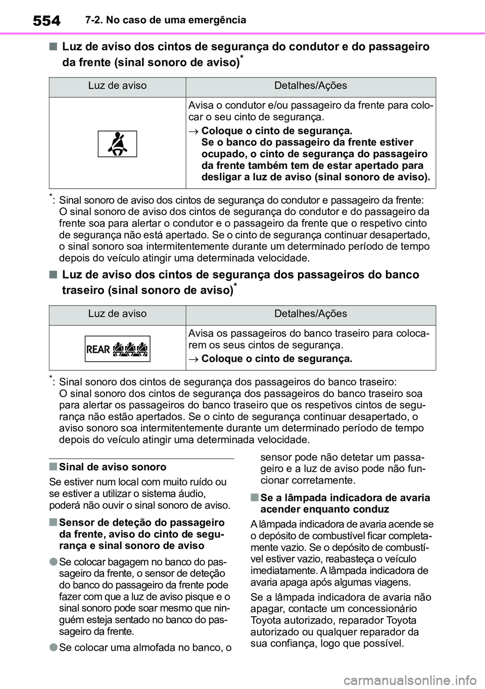 TOYOTA RAV4 2019  Manual de utilização (in Portuguese) 5547-2. No caso de uma emergência
nLuz de aviso dos cintos de segurança do condutor e do passageiro 
da frente (sinal sonoro de aviso)*
*: Sinal sonoro de aviso dos cintos de segurança do condutor 