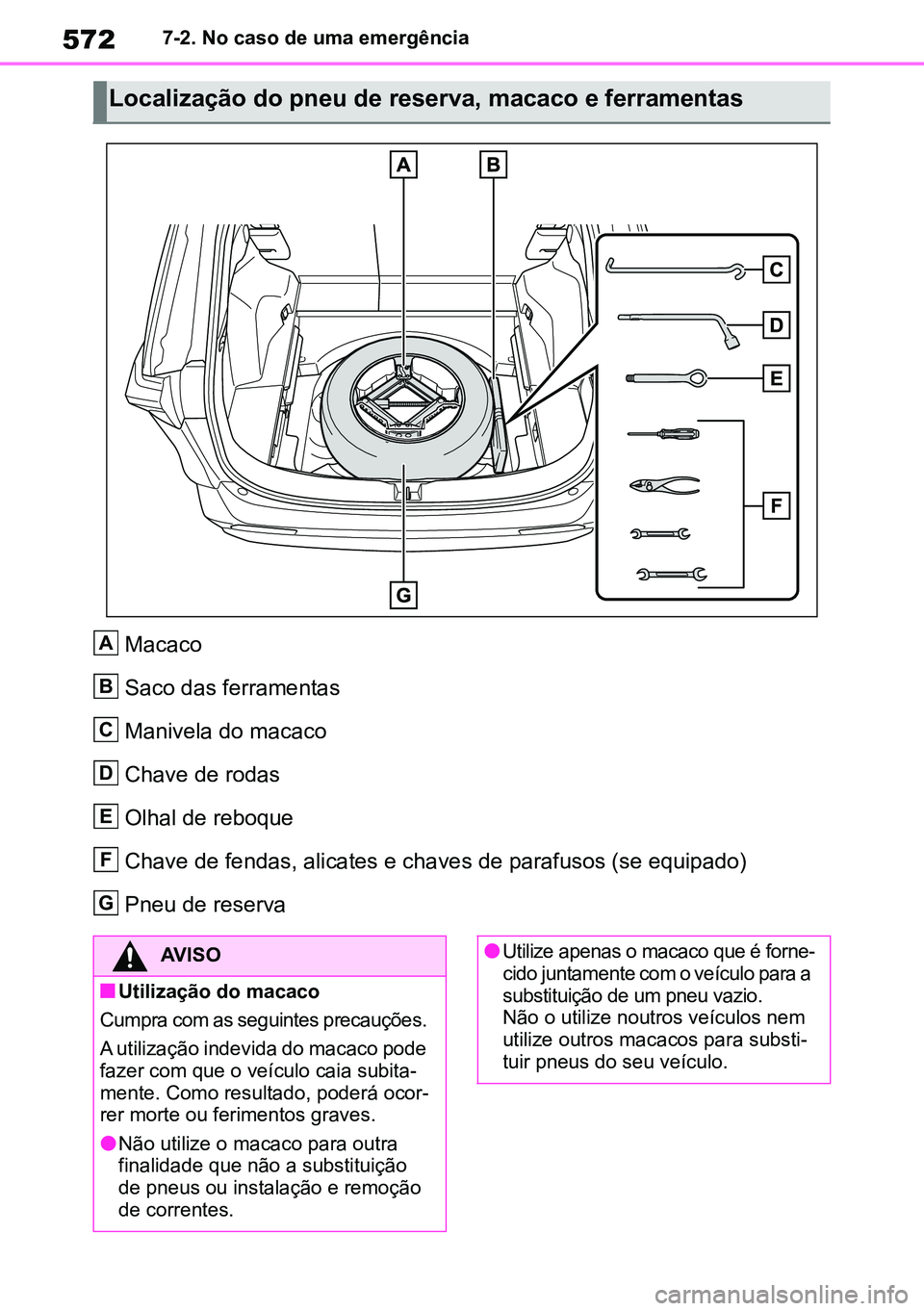 TOYOTA RAV4 2019  Manual de utilização (in Portuguese) 5727-2. No caso de uma emergência
Macaco
Saco das ferramentas
Manivela do macaco
Chave de rodas 
Olhal de reboque
Chave de fendas, alicates e chaves de parafusos (se equipado) 
Pneu de reserva
Locali