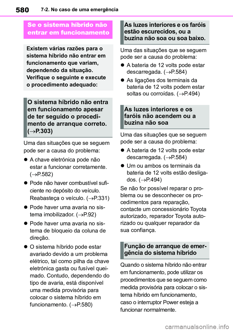 TOYOTA RAV4 2019  Manual de utilização (in Portuguese) 5807-2. No caso de uma emergência
Uma das situações que se seguem 
pode ser a causa do problema:
A chave eletrónica pode não 
estar a funcionar corretamente. 
( P.582)
 Pode não haver c