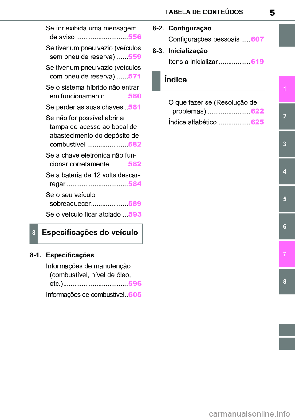 TOYOTA RAV4 2019 Manual de utilização (in Portuguese) 5TABELA DE CONTEÚDOS
1
6 5
4
3
2
8
7
Se for exibida uma mensagem de aviso ............................ 556
Se tiver um pneu vazio (veículos sem pneu de reserva)....... 559
Se tiver um pneu vazio (v TOYOTA RAV4 2019 Manual de utilização (in Portuguese) 5TABELA DE CONTEÚDOS
1
6 5
4
3
2
8
7
Se for exibida uma mensagem de aviso ............................ 556
Se tiver um pneu vazio (veículos sem pneu de reserva)....... 559
Se tiver um pneu vazio (v