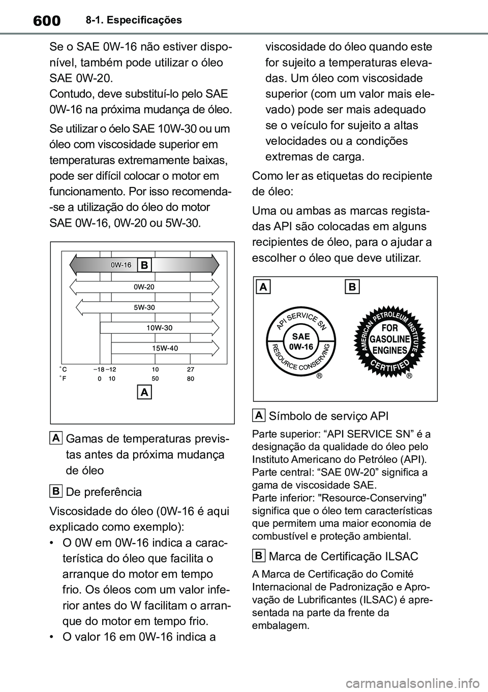 TOYOTA RAV4 2019  Manual de utilização (in Portuguese) 6008-1. Especificações
Se o SAE 0W-16 não estiver dispo-
nível, também pode utilizar o óleo 
SAE 0W-20.
Contudo, deve substituí-lo pelo SAE 
0W-16 na próxima mudança de óleo.
Se utilizar o 