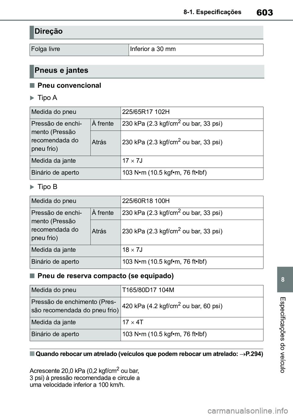 TOYOTA RAV4 2019  Manual de utilização (in Portuguese) 603
8
8-1. Especificações
Especificações do veículo
nPneu convencional
Tipo A
Tipo B
nPneu de reserva compacto (se equipado)
nQuando rebocar um atrelado (veículos que podem rebocar um atre