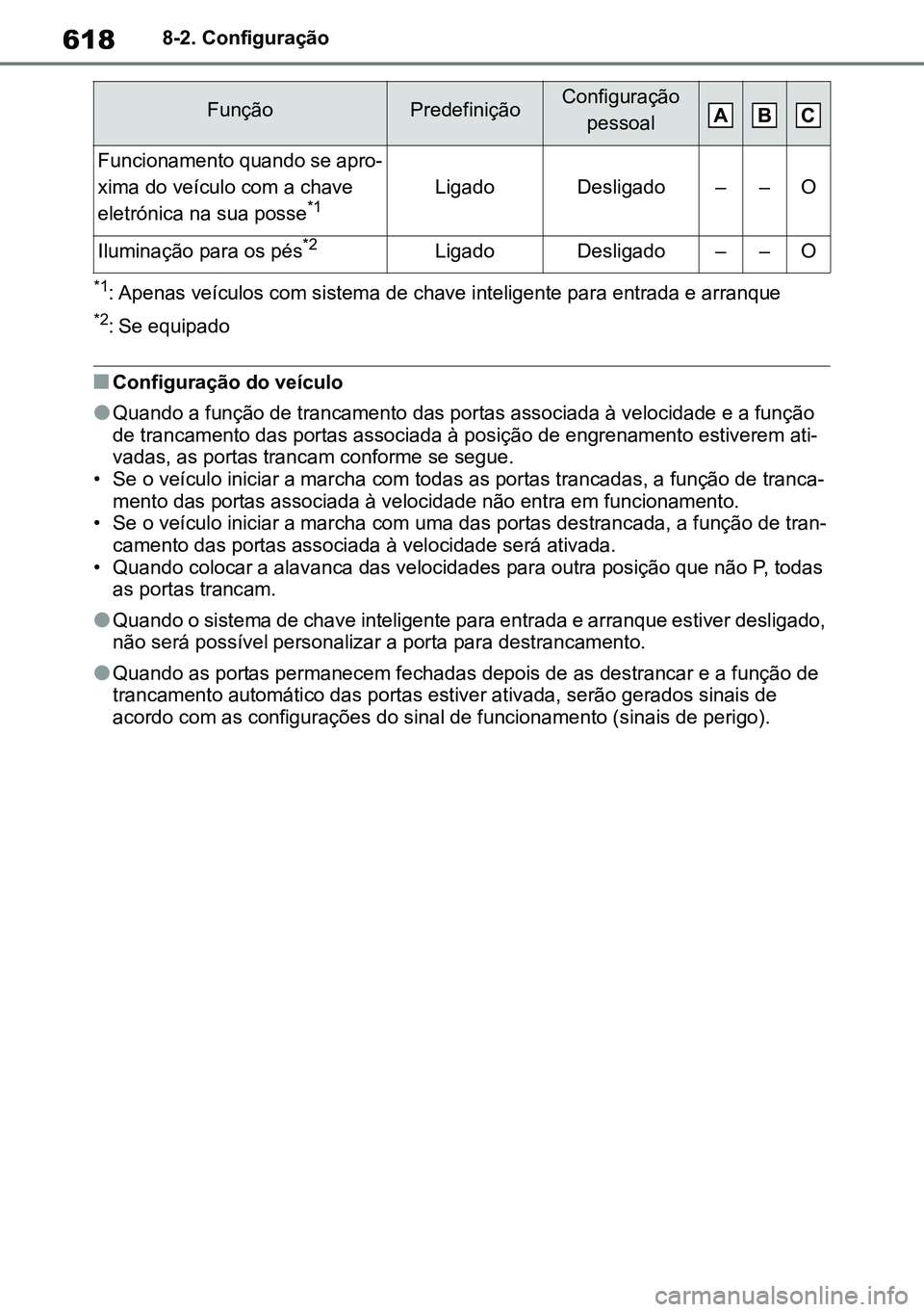 TOYOTA RAV4 2019  Manual de utilização (in Portuguese) 6188-2. Configuração
*1: Apenas veículos com sistema de chave inteligente para entrada e arranque
*2: Se equipado
nConfiguração do veículo
lQuando a função de trancamento das portas associada 
