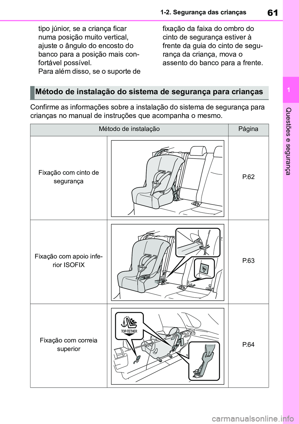 TOYOTA RAV4 2019 Manual de utilização (in Portuguese) 61
1
1-2. Segurança das crianças
Questões e segurança
tipo júnior, se a criança ficar
numa posição muito vertical,
ajuste o ângulo do encosto do
banco para a posição mais con
-
fortável TOYOTA RAV4 2019 Manual de utilização (in Portuguese) 61
1
1-2. Segurança das crianças
Questões e segurança
tipo júnior, se a criança ficar
numa posição muito vertical,
ajuste o ângulo do encosto do
banco para a posição mais con
-
fortável