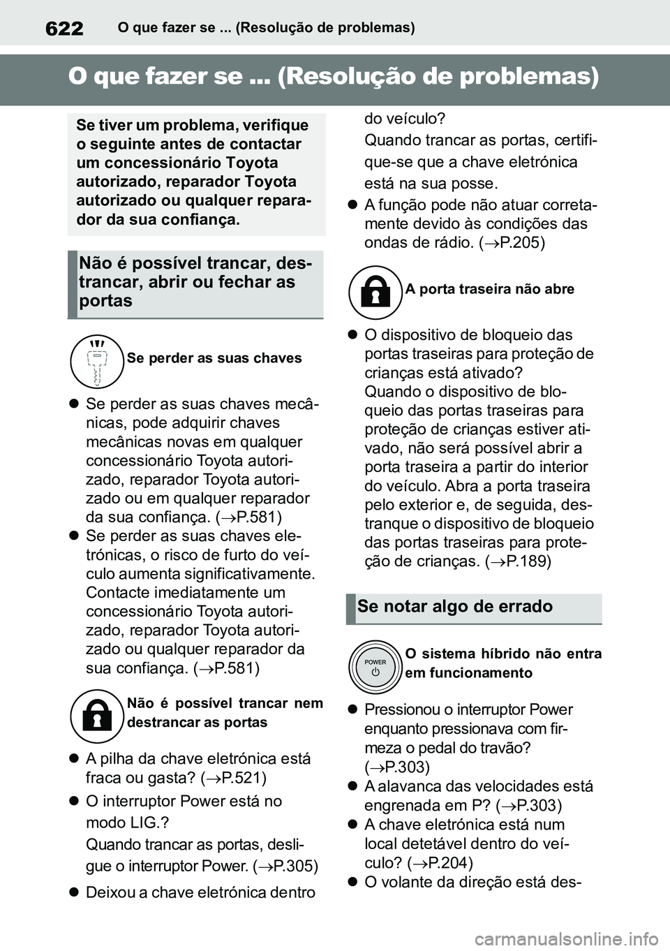 TOYOTA RAV4 2019  Manual de utilização (in Portuguese) 622O que fazer se ... (Resolução de problemas)
1-1.What to do  if...  (Tr oublesh ooti ng)O que fazer se ... (Resolução de problemas)
Se perder as suas chaves mecâ -
nicas, pode adquirir chave