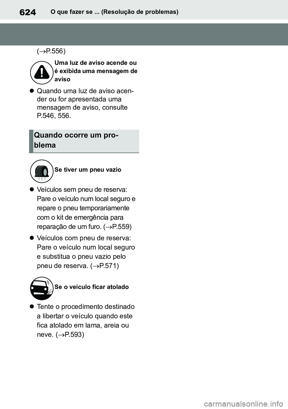 TOYOTA RAV4 2019  Manual de utilização (in Portuguese) 624O que fazer se ... (Resolução de problemas)
(P.556)
 Quando uma luz de aviso acen -
der ou for apresentada uma 
mensagem de aviso, consulte 
P.546, 556.
 Veículos sem pneu de reserva: 
