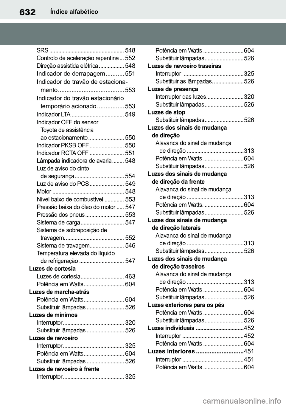TOYOTA RAV4 2019  Manual de utilização (in Portuguese) 632Índice alfabético

SRS ..................................................
 548

Controlo de aceleração repentina ...
 552

Direção assistida elétrica.................
 548
Indicador de derra