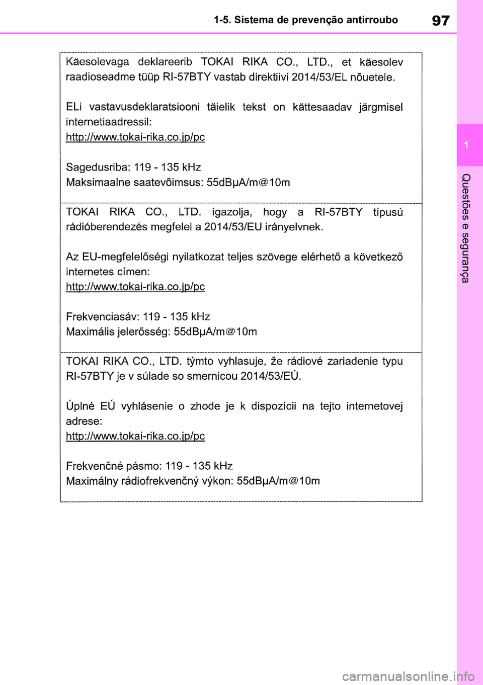 TOYOTA RAV4 2019 Manual de utilização (in Portuguese) 97
1
1-5. Sistema de prevenção antirroubo
Questões e segurança
M42C86toeuenvhch01.fm Page 97 Monday, February 3, 2020 11:36 PM
RAV4HV_OM_OM42C86E-1 maiadouro 04022020.pdf 9704/02/20 00:37 TOYOTA RAV4 2019 Manual de utilização (in Portuguese) 97
1
1-5. Sistema de prevenção antirroubo
Questões e segurança
M42C86toeuenvhch01.fm Page 97 Monday, February 3, 2020 11:36 PM
RAV4HV_OM_OM42C86E-1 maiadouro 04022020.pdf 9704/02/20 00:37