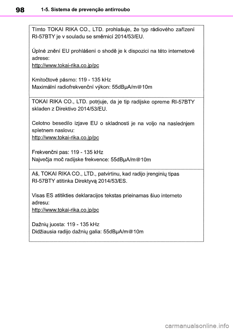 TOYOTA RAV4 2019 Manual de utilização (in Portuguese) 981-5. Sistema de prevenção antirroubo
M42C86toeuenvhch01.fm Page 98 Monday, February 3, 2020 11:36 PM
RAV4HV_OM_OM42C86E-1 maiadouro 04022020.pdf 9804/02/20 00:37 TOYOTA RAV4 2019 Manual de utilização (in Portuguese) 981-5. Sistema de prevenção antirroubo
M42C86toeuenvhch01.fm Page 98 Monday, February 3, 2020 11:36 PM
RAV4HV_OM_OM42C86E-1 maiadouro 04022020.pdf 9804/02/20 00:37