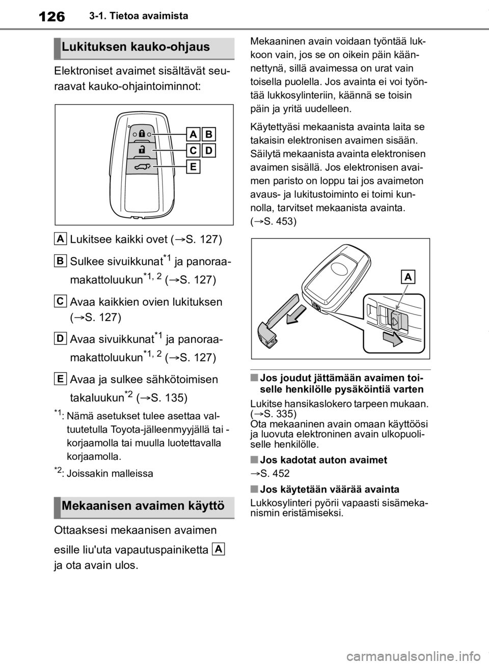 TOYOTA RAV4 2019 Omistajan Käsikirja (in Finnish) 1263-1. Tietoa avaimista
Elektroniset avaimet sisältävät seu-
raavat kauko-ohjaintoiminnot:Lukitsee kaikki ovet ( S. 127)
Sulkee sivuikkunat
*1 ja panoraa-
makattoluukun
*1, 2 ( S. 127)
Avaa TOYOTA RAV4 2019 Omistajan Käsikirja (in Finnish) 1263-1. Tietoa avaimista
Elektroniset avaimet sisältävät seu-
raavat kauko-ohjaintoiminnot:Lukitsee kaikki ovet ( S. 127)
Sulkee sivuikkunat
*1 ja panoraa-
makattoluukun
*1, 2 ( S. 127)
Avaa