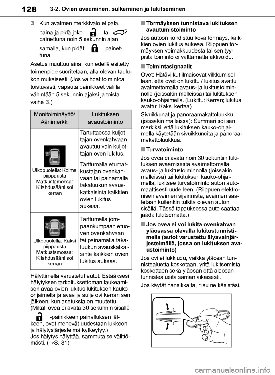 TOYOTA RAV4 2019 Omistajan Käsikirja (in Finnish) 1283-2. Ovien avaaminen, sulkeminen ja lukitseminen
3 Kun avaimen merkkivalo ei pala,
paina ja pidä joko tai
painettuna noin 5 sekunnin ajan
samalla, kun pidät painet-
tuna.
Asetus muuttuu TOYOTA RAV4 2019 Omistajan Käsikirja (in Finnish) 1283-2. Ovien avaaminen, sulkeminen ja lukitseminen
3 Kun avaimen merkkivalo ei pala,
paina ja pidä joko tai
painettuna noin 5 sekunnin ajan
samalla, kun pidät painet-
tuna.
Asetus muuttuu