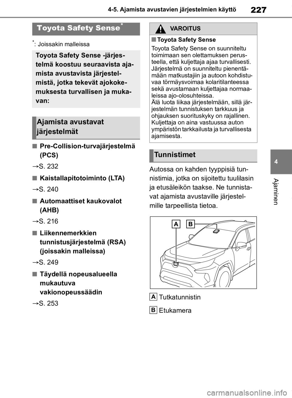 TOYOTA RAV4 2019  Omistajan Käsikirja (in Finnish) 227
4
4-5. Ajamista avustavien järjestelmien käyttö
Ajaminen
4-5.Ajamista avustavien järjestelmien käyttö
*: Joissakin malleissa
nPre-Collision-turvajärjestelmä 
(PCS)
 S. 232
nKaistallapit