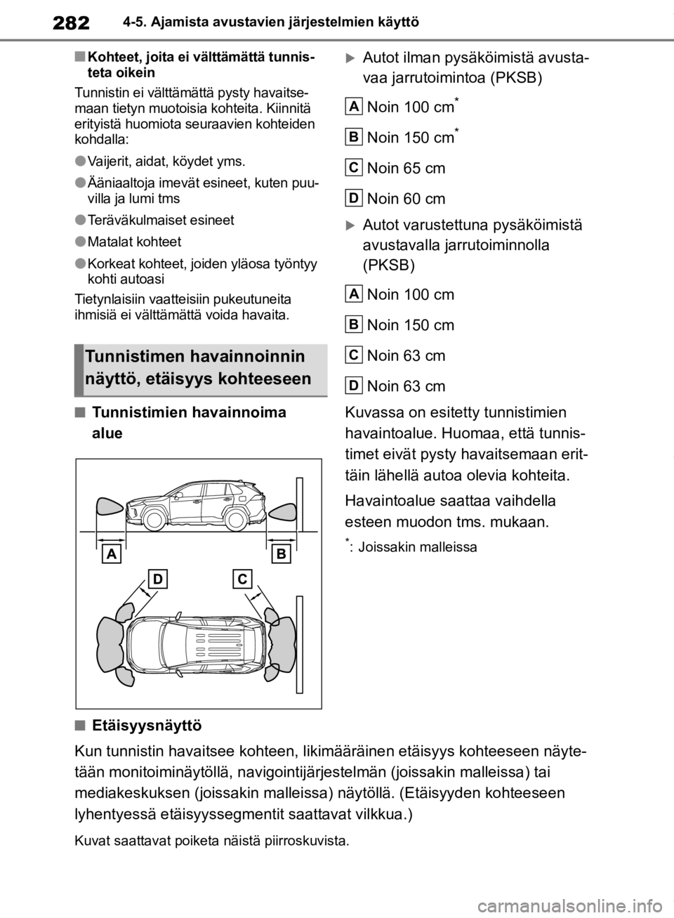TOYOTA RAV4 2019 Omistajan Käsikirja (in Finnish) 2824-5. Ajamista avustavien järjestelmien käyttö
nKohteet, joita ei välttämättä tunnis-
teta oikein
Tunnistin ei välttämättä pysty havaitse-
maan tietyn muotoisia kohteita. Kiinnitä
erity TOYOTA RAV4 2019 Omistajan Käsikirja (in Finnish) 2824-5. Ajamista avustavien järjestelmien käyttö
nKohteet, joita ei välttämättä tunnis-
teta oikein
Tunnistin ei välttämättä pysty havaitse-
maan tietyn muotoisia kohteita. Kiinnitä
erity