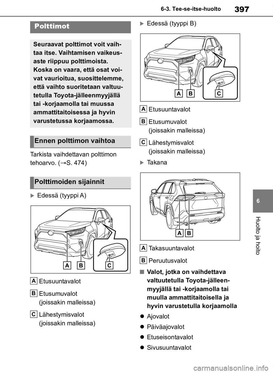 TOYOTA RAV4 2019 Omistajan Käsikirja (in Finnish) 397
6
6-3. Tee-se-itse-huolto
Huolto ja hoito
Tarkista vaihdettavan polttimon
tehoarvo. (
S. 474)
Edessä (tyyppi A)
Etusuuntavalot
Etusumuvalot
(joissakin malleissa)
Lähestymisvalot
(joissa TOYOTA RAV4 2019 Omistajan Käsikirja (in Finnish) 397
6
6-3. Tee-se-itse-huolto
Huolto ja hoito
Tarkista vaihdettavan polttimon
tehoarvo. (
S. 474)
Edessä (tyyppi A)
Etusuuntavalot
Etusumuvalot
(joissakin malleissa)
Lähestymisvalot
(joissa