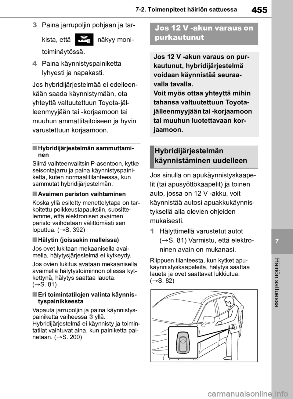 TOYOTA RAV4 2019 Omistajan Käsikirja (in Finnish) 455
7
7-2. Toimenpiteet häiriön sattuessa
Häiriön sattuessa
3
Paina jarrupoljin pohjaan ja tar-
kista, että näkyy moni-
toiminäytössä.
4 Paina käynnistyspainiketta
lyhyesti ja napakasti. TOYOTA RAV4 2019 Omistajan Käsikirja (in Finnish) 455
7
7-2. Toimenpiteet häiriön sattuessa
Häiriön sattuessa
3
Paina jarrupoljin pohjaan ja tar-
kista, että näkyy moni-
toiminäytössä.
4 Paina käynnistyspainiketta
lyhyesti ja napakasti.