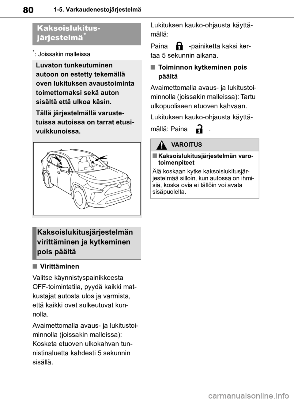 TOYOTA RAV4 2019 Omistajan Käsikirja (in Finnish) 801-5. Varkaudenestojärjestelmä
*: Joissakin malleissa
nVirittäminen
Valitse käynnistyspainikkeesta
OFF-toimintatila, pyydä kaikki mat-
kustajat autosta ulos ja varmista,
että kaikki ovet sul TOYOTA RAV4 2019 Omistajan Käsikirja (in Finnish) 801-5. Varkaudenestojärjestelmä
*: Joissakin malleissa
nVirittäminen
Valitse käynnistyspainikkeesta
OFF-toimintatila, pyydä kaikki mat-
kustajat autosta ulos ja varmista,
että kaikki ovet sul