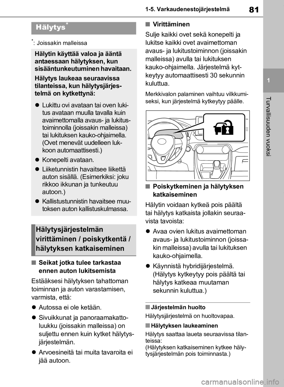 TOYOTA RAV4 2019 Omistajan Käsikirja (in Finnish) 81
1
1-5. Varkaudenestojärjestelmä
Turvallisuuden vuoksi
*: Joissakin malleissa
nSeikat jotka tulee tarkastaa
ennen auton lukitsemista
Estääksesi hälytyksen tahattoman
toiminnan ja auton varast TOYOTA RAV4 2019 Omistajan Käsikirja (in Finnish) 81
1
1-5. Varkaudenestojärjestelmä
Turvallisuuden vuoksi
*: Joissakin malleissa
nSeikat jotka tulee tarkastaa
ennen auton lukitsemista
Estääksesi hälytyksen tahattoman
toiminnan ja auton varast