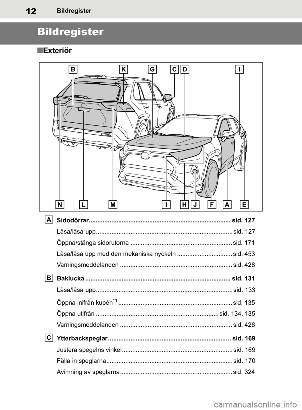 TOYOTA RAV4 2019  Bruksanvisningar (in Swedish) 12Bildregister
Bildregister
nExteriör
Sidodörrar.................................................................................. sid. 127
Låsa/låsa upp...........................................