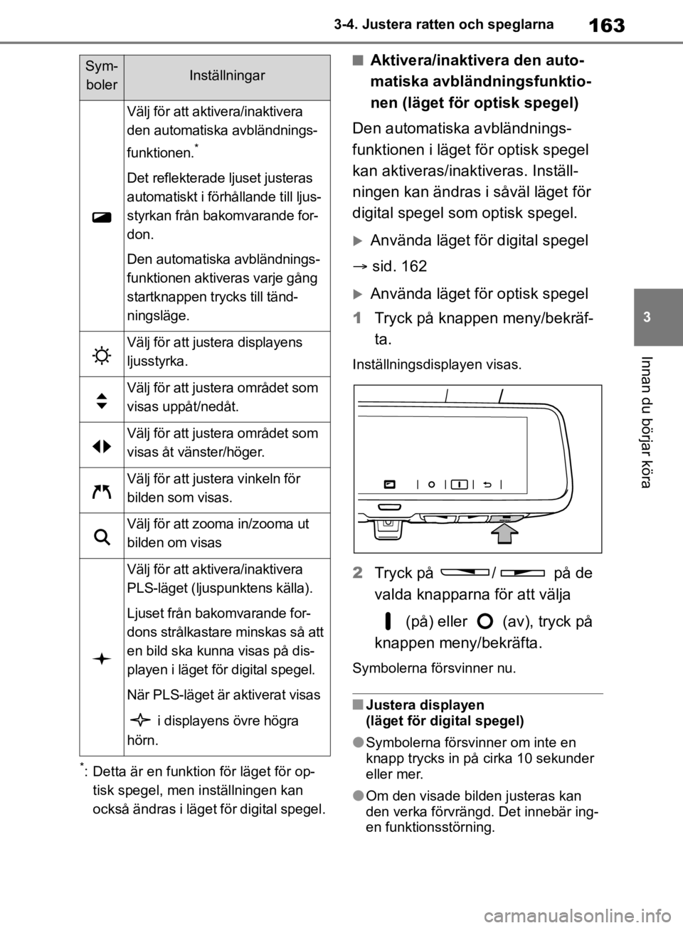 TOYOTA RAV4 2019 Bruksanvisningar (in Swedish) 163
3
3-4. Justera ratten och speglarna
Innan du börjar köra
*: Detta är en funktion för läget för op-
tisk spegel, men inställningen kan
också ändras i läget för digital spegel.
nAktivera TOYOTA RAV4 2019 Bruksanvisningar (in Swedish) 163
3
3-4. Justera ratten och speglarna
Innan du börjar köra
*: Detta är en funktion för läget för op-
tisk spegel, men inställningen kan
också ändras i läget för digital spegel.
nAktivera