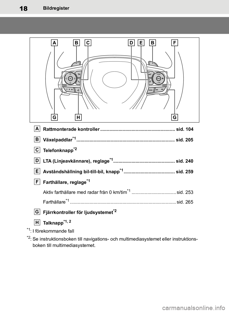 TOYOTA RAV4 2019 Bruksanvisningar (in Swedish) 18Bildregister
Rattmonterade kontroller ......................................................... sid. 104
Växelpaddlar
*1........................................................................... s TOYOTA RAV4 2019 Bruksanvisningar (in Swedish) 18Bildregister
Rattmonterade kontroller ......................................................... sid. 104
Växelpaddlar
*1........................................................................... s
