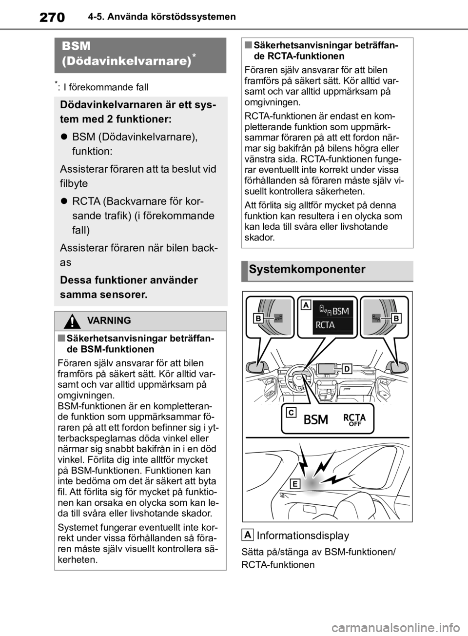 TOYOTA RAV4 2019 Bruksanvisningar (in Swedish) 2704-5. Använda körstödssystemen
*: I förekommande fall
Informationsdisplay
Sätta på/stänga av BSM-funktionen/
RCTA-funktionen
BSM
(Dödavinkelvarnare)*
Dödavinkelvarnaren är ett sys-
tem m TOYOTA RAV4 2019 Bruksanvisningar (in Swedish) 2704-5. Använda körstödssystemen
*: I förekommande fall
Informationsdisplay
Sätta på/stänga av BSM-funktionen/
RCTA-funktionen
BSM
(Dödavinkelvarnare)*
Dödavinkelvarnaren är ett sys-
tem m