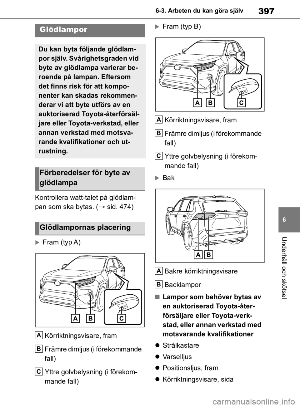 TOYOTA RAV4 2019 Bruksanvisningar (in Swedish) 397
6
6-3. Arbeten du kan göra själv
Underhåll och skötsel
Kontrollera watt-talet på glödlam-
pan som ska bytas. (
sid. 474)
Fram (typ A)
Körriktningsvisare, fram
Främre dimljus (i fö TOYOTA RAV4 2019 Bruksanvisningar (in Swedish) 397
6
6-3. Arbeten du kan göra själv
Underhåll och skötsel
Kontrollera watt-talet på glödlam-
pan som ska bytas. (
sid. 474)
Fram (typ A)
Körriktningsvisare, fram
Främre dimljus (i fö
